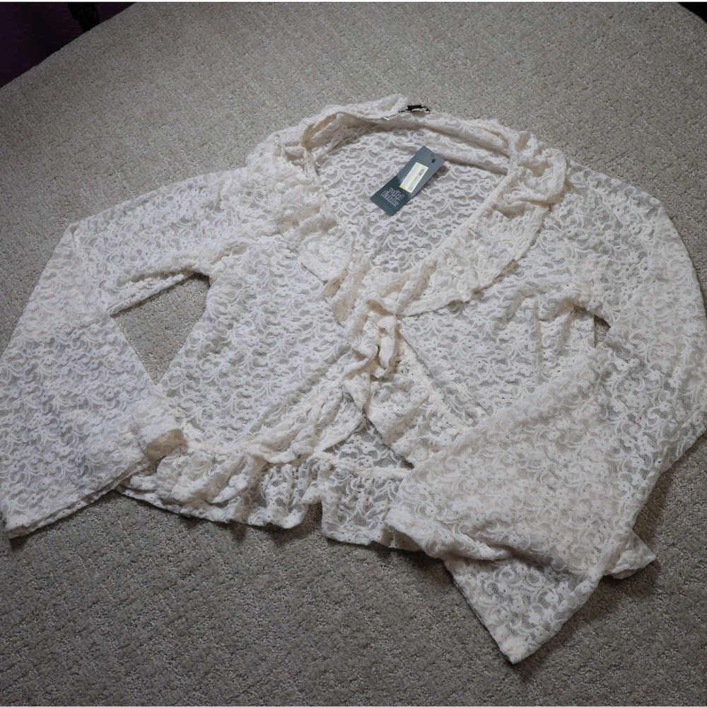 Wild Fable Off White Sheer Floral Lace Ruffle Shrug Bell Sleeve Bolero Large NWT
